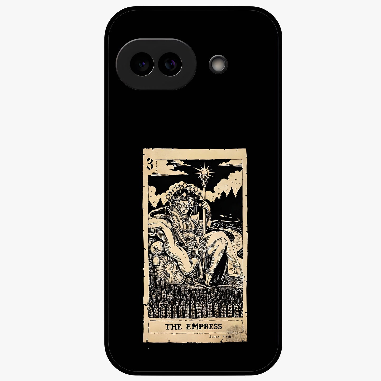 The Empress Glass Case showing flat back view with regal feminine artwork and glossy glass finish.