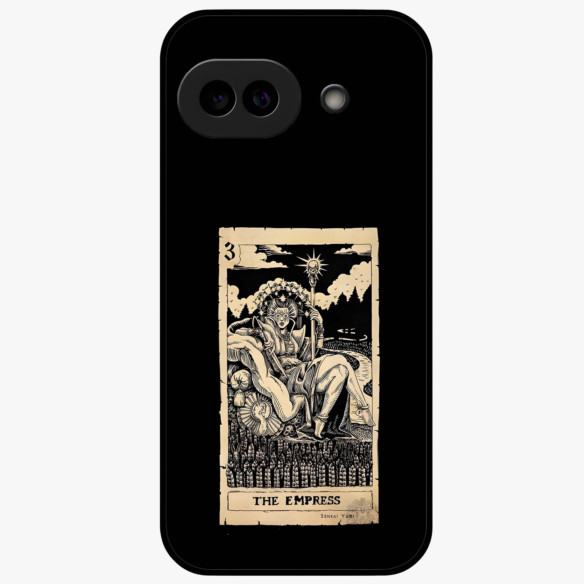 The Empress Glass Case showing flat back view with regal feminine artwork and glossy glass finish.