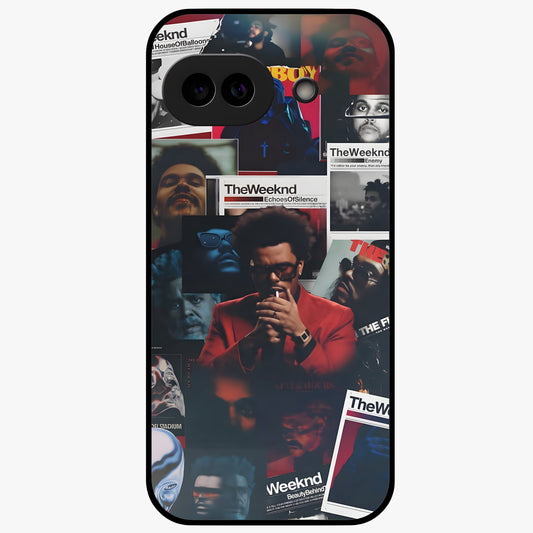 The Weeknd Glass Case showing flat back view with music inspired artistic portrait artwork and glossy glass finish.
