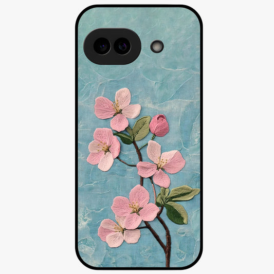 Threaded Blossom Breeze Glass Case showing flat back view with delicate blossom artwork and glossy glass finish.