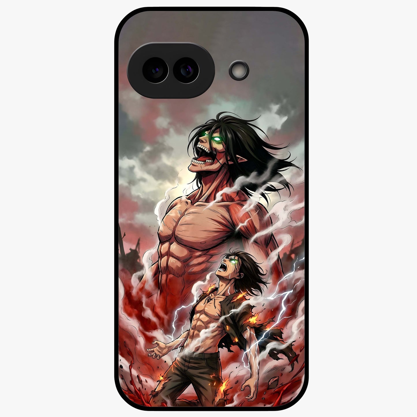 Titan Awakening Fury Glass Case showing flat back view with powerful titan inspired artwork and glossy glass finish.