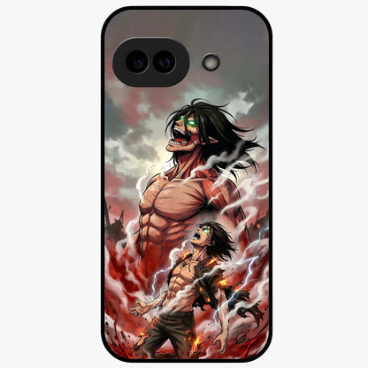 Titan Awakening Fury Glass Case showing flat back view with powerful titan inspired artwork and glossy glass finish.