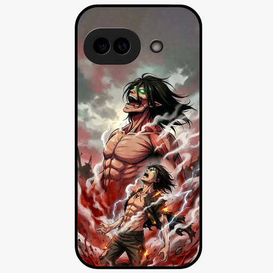 Titan Awakening Fury Glass Case showing flat back view with powerful titan inspired artwork and glossy glass finish.