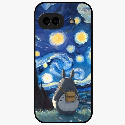 Totoro In Van Gogh Art Glass Case showing flat back view with whimsical character artwork inspired by Van Gogh style and glossy glass finish.