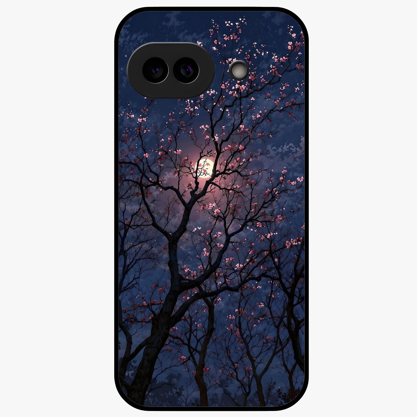 Twilight Sakura Serenade Glass Case showing flat back view with cherry blossom artwork at twilight and glossy glass finish.