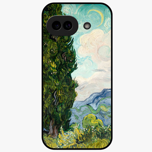 Van Gogh Vintage Art Glass Case showing flat back view with vintage painterly artwork inspired by Van Gogh style and glossy glass finish.