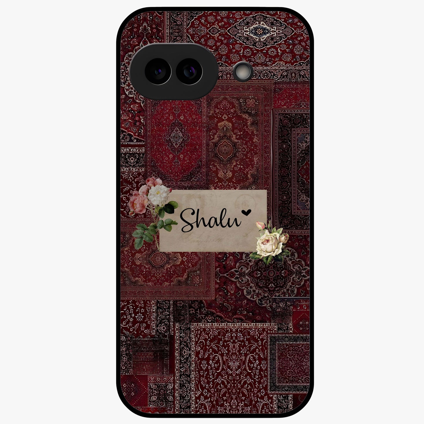 Velvet Wine Pattern Custom Name Glass Case showing flat back view with elegant wine colored pattern artwork and personalized name design.