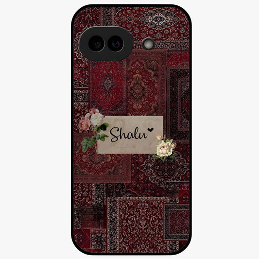 Velvet Wine Pattern Custom Name Glass Case showing flat back view with elegant wine colored pattern artwork and personalized name design.