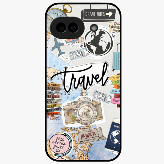 Wanderlust Journal Glass Case showing flat back view with travel inspired artwork and glossy glass finish.