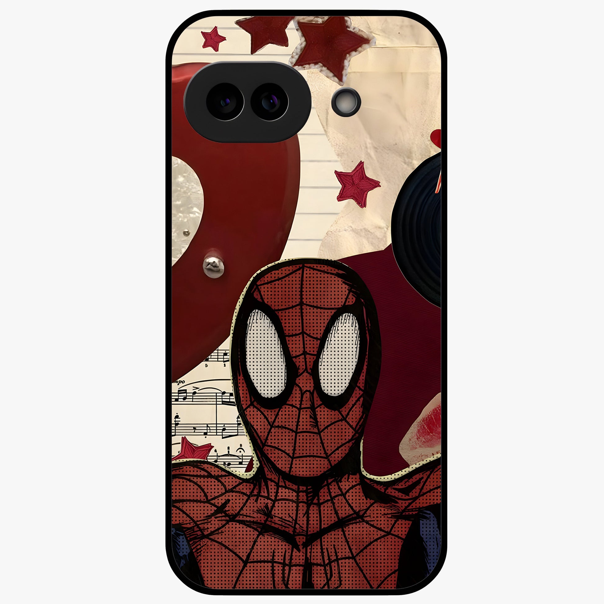 Web Warrior Vibes Glass Case showing flat back view with superhero inspired web themed artwork and glossy glass finish.