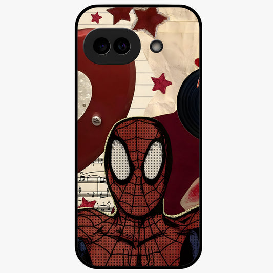 Web Warrior Vibes Glass Case showing flat back view with superhero inspired web themed artwork and glossy glass finish.