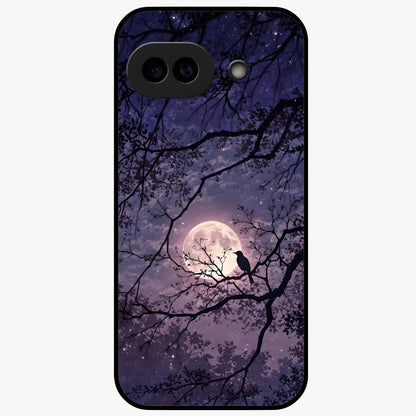 Whispering Moon Silence Glass Case showing flat back view with serene moon themed artwork and glossy glass finish.