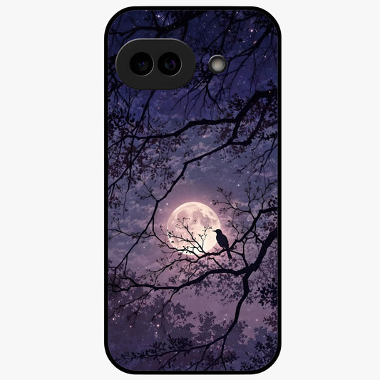 Whispering Moon Silence Glass Case showing flat back view with serene moon themed artwork and glossy glass finish.