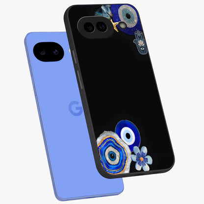 Aesthetic Blue Evil Eye Glass Case displayed in angled mockup highlighting blue evil eye symbol and spiritual aesthetic design.