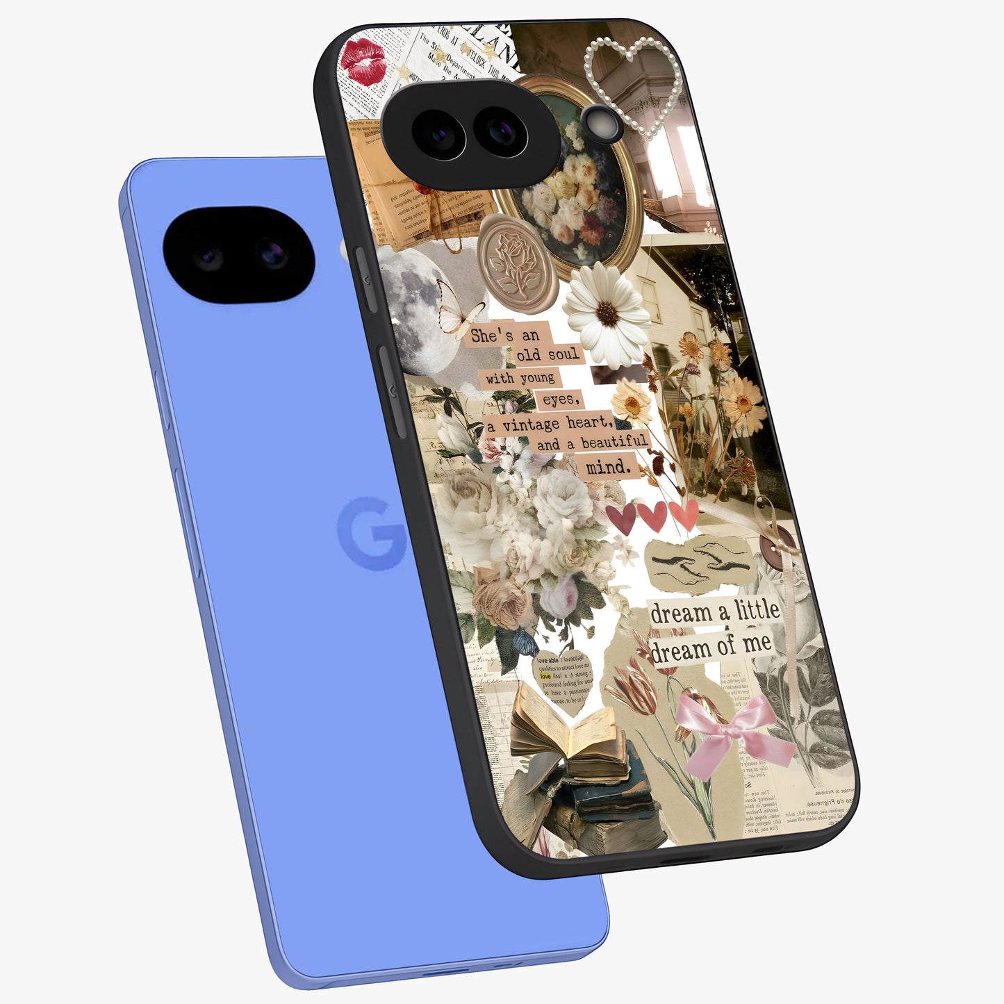 Aesthetic Brown Vintage Collage Glass Case displayed in angled mockup highlighting vintage aesthetic collage design.