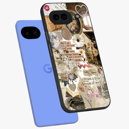 Aesthetic Brown Vintage Collage Glass Case displayed in angled mockup highlighting vintage aesthetic collage design.