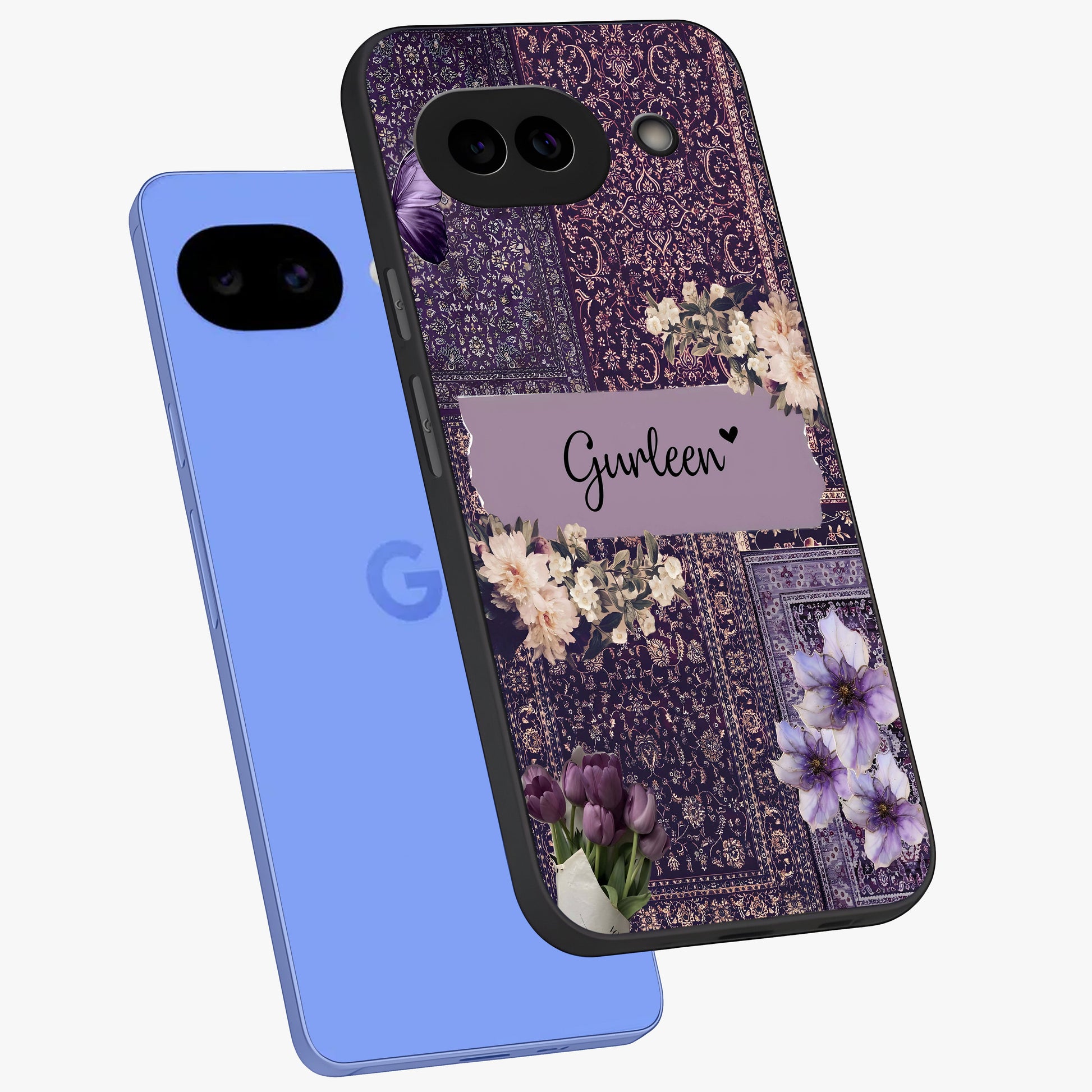 Antique Floral Whisper Custom Name Glass Case displayed in angled mockup highlighting elegant antique floral aesthetic.