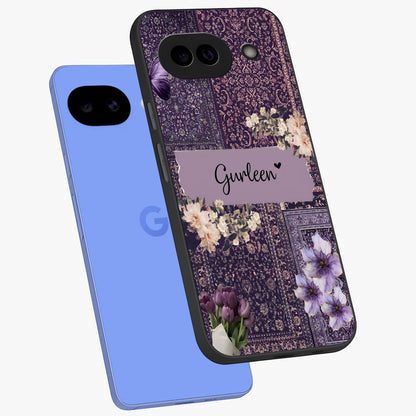 Antique Floral Whisper Custom Name Glass Case displayed in angled mockup highlighting elegant antique floral aesthetic.
