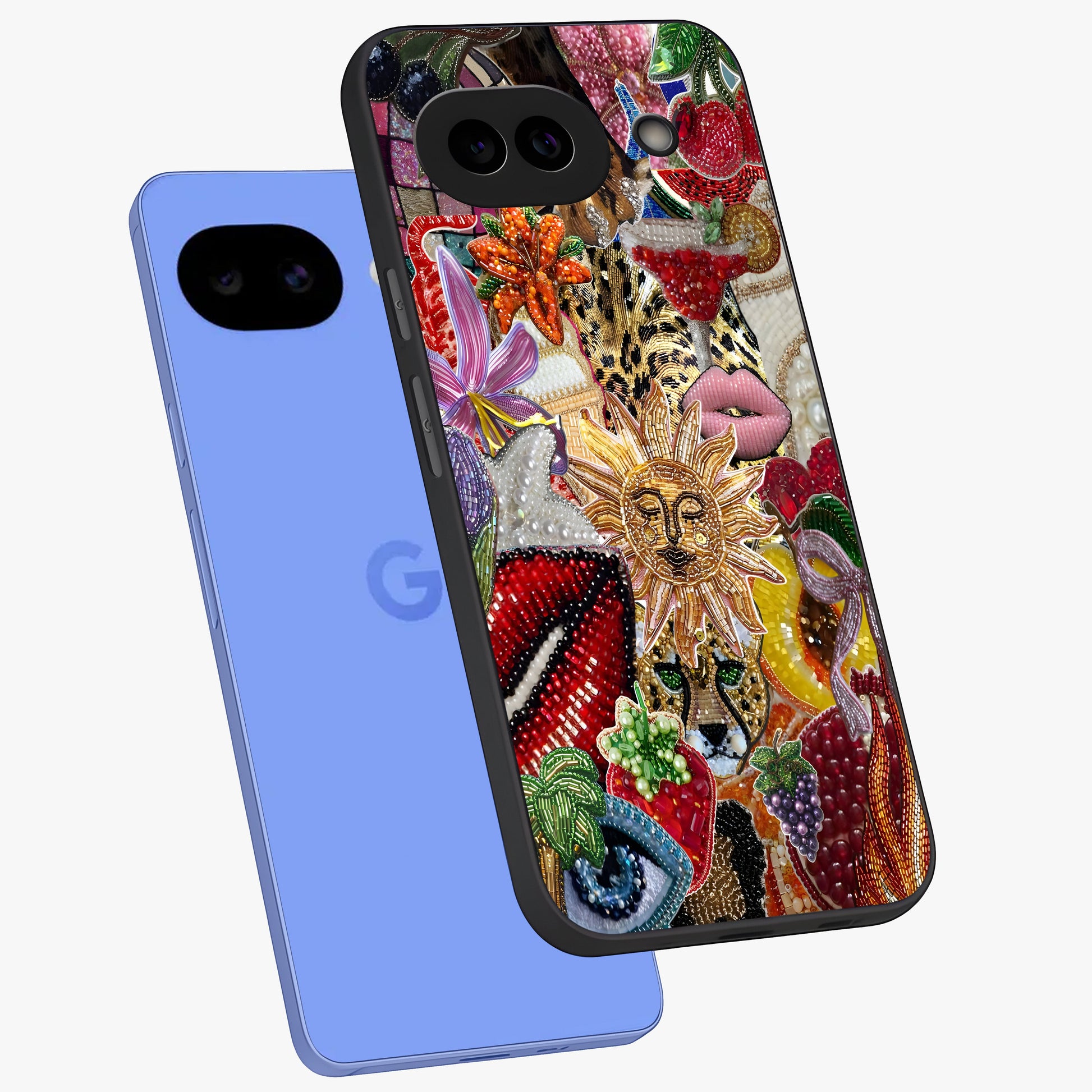 Beaded Fashion Jungle Glass Case displayed in angled mockup highlighting colorful fashion bead design and artistic pattern.