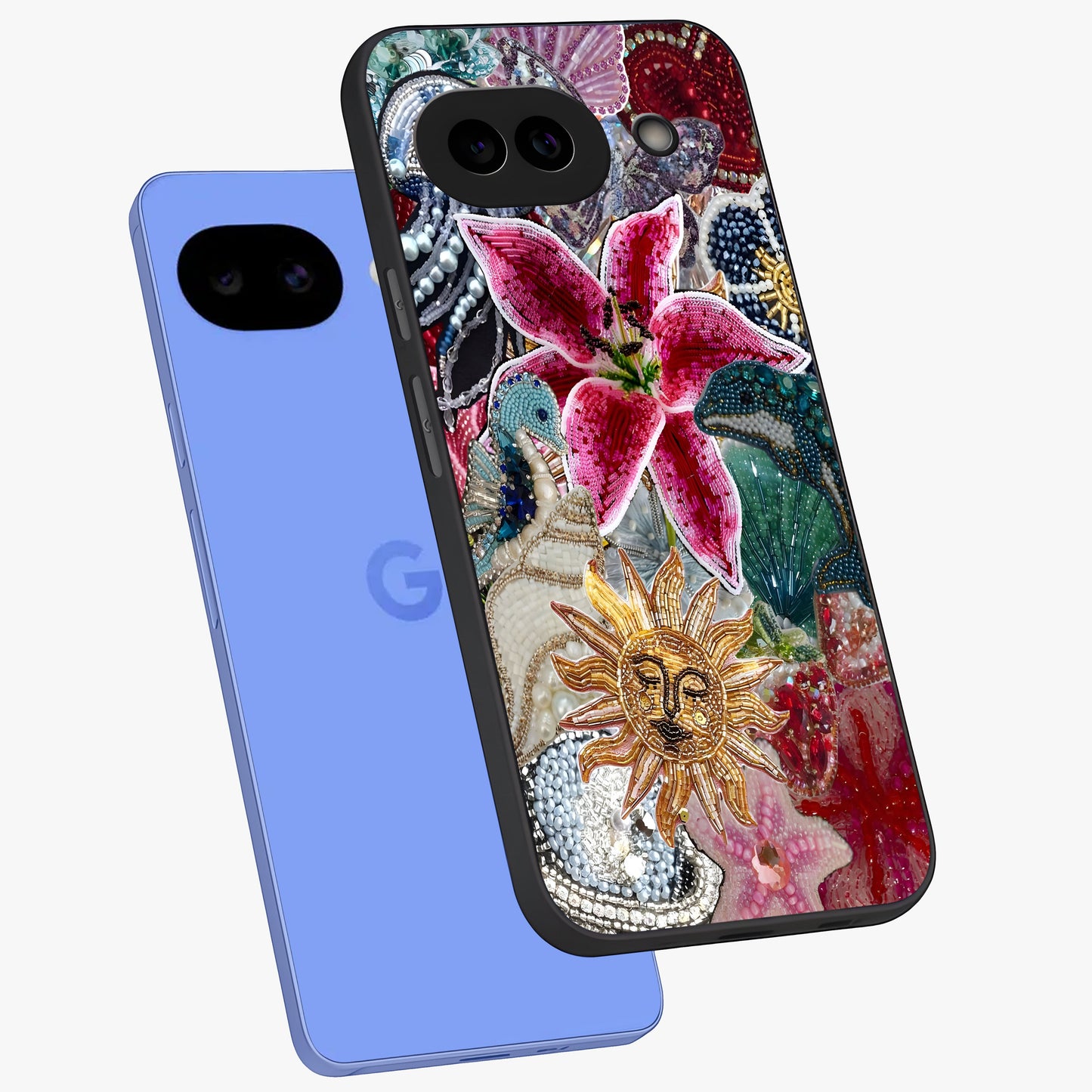 Beaded Garden Fantasy Glass Case displayed in angled mockup highlighting fantasy inspired floral bead pattern.