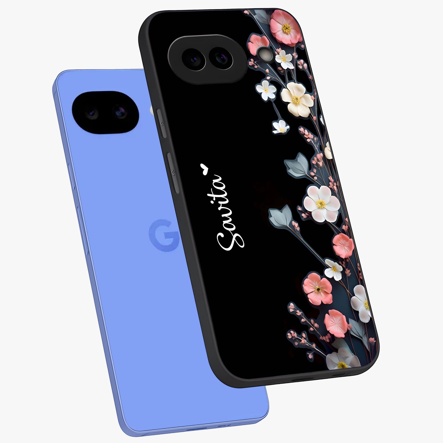 Black Elegance Floral Custom Name Glass Case displayed in angled mockup highlighting dark floral aesthetic and custom name feature.