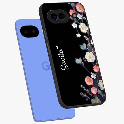 Black Elegance Floral Custom Name Glass Case displayed in angled mockup highlighting dark floral aesthetic and custom name feature.