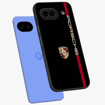 Black Minimal Porsche Glass Case displayed in angled mockup highlighting modern minimal car illustration and clean aesthetic design.