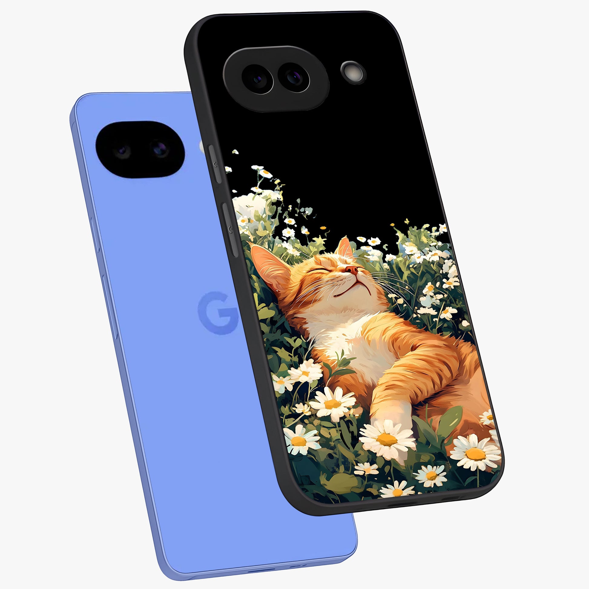 Blissful Bloom Cat Glass Case displayed in angled mockup highlighting playful feline illustration with soft floral aesthetic.