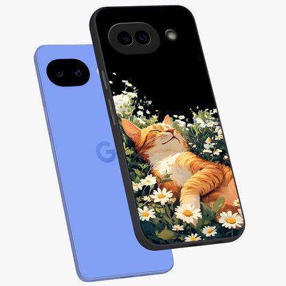 Blissful Bloom Cat Glass Case displayed in angled mockup highlighting playful feline illustration with soft floral aesthetic.