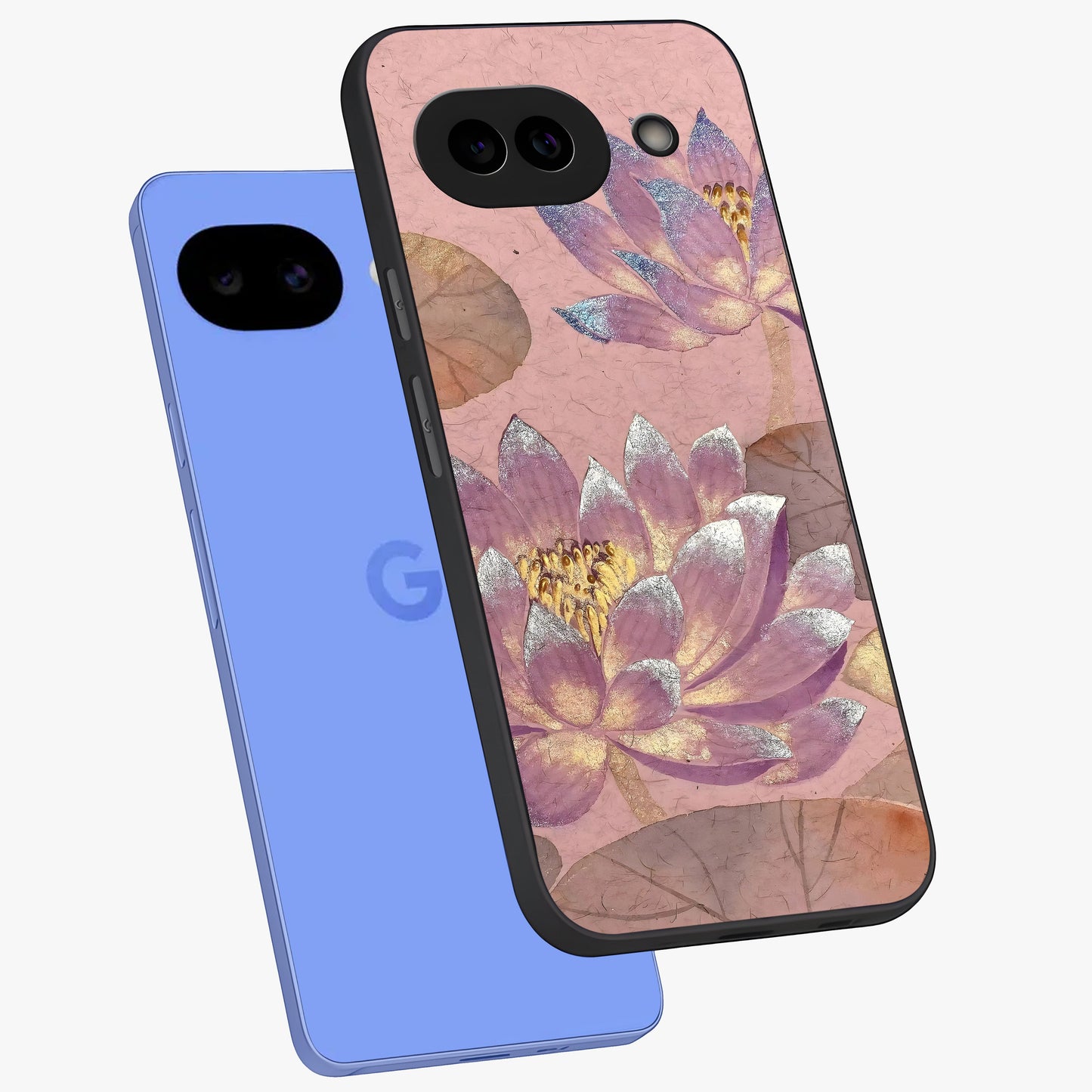 Blossom Mist Lotus Glass Case displayed in angled mockup highlighting delicate lotus illustration with calm aesthetic theme.