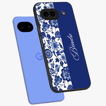 Blue Vintage Floral Pattern Glass Case displayed in angled mockup highlighting subtle bloom pattern with aesthetic pastel design.