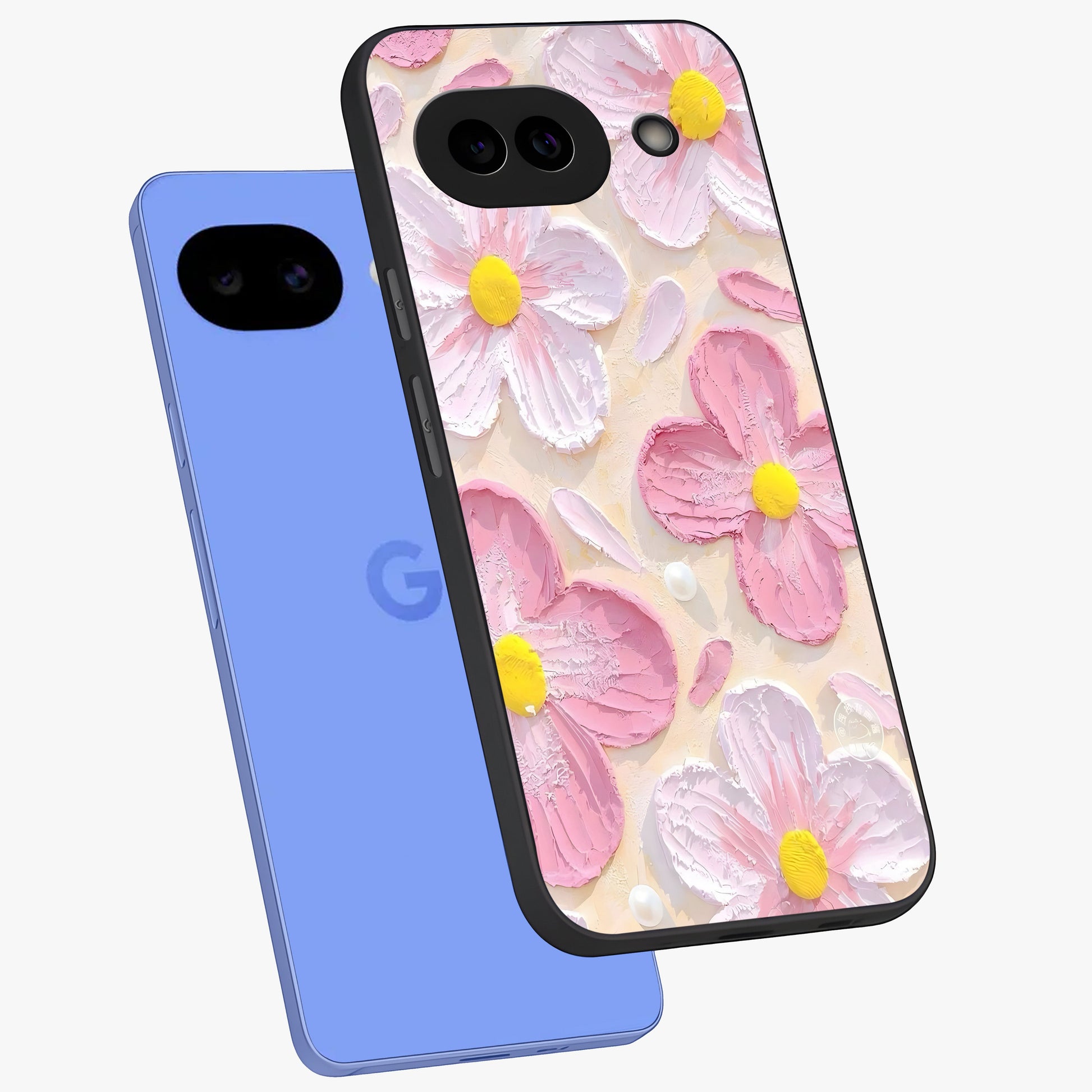 Blush Bloom Texture Glass Case displayed in angled mockup highlighting subtle bloom pattern with aesthetic pastel design.