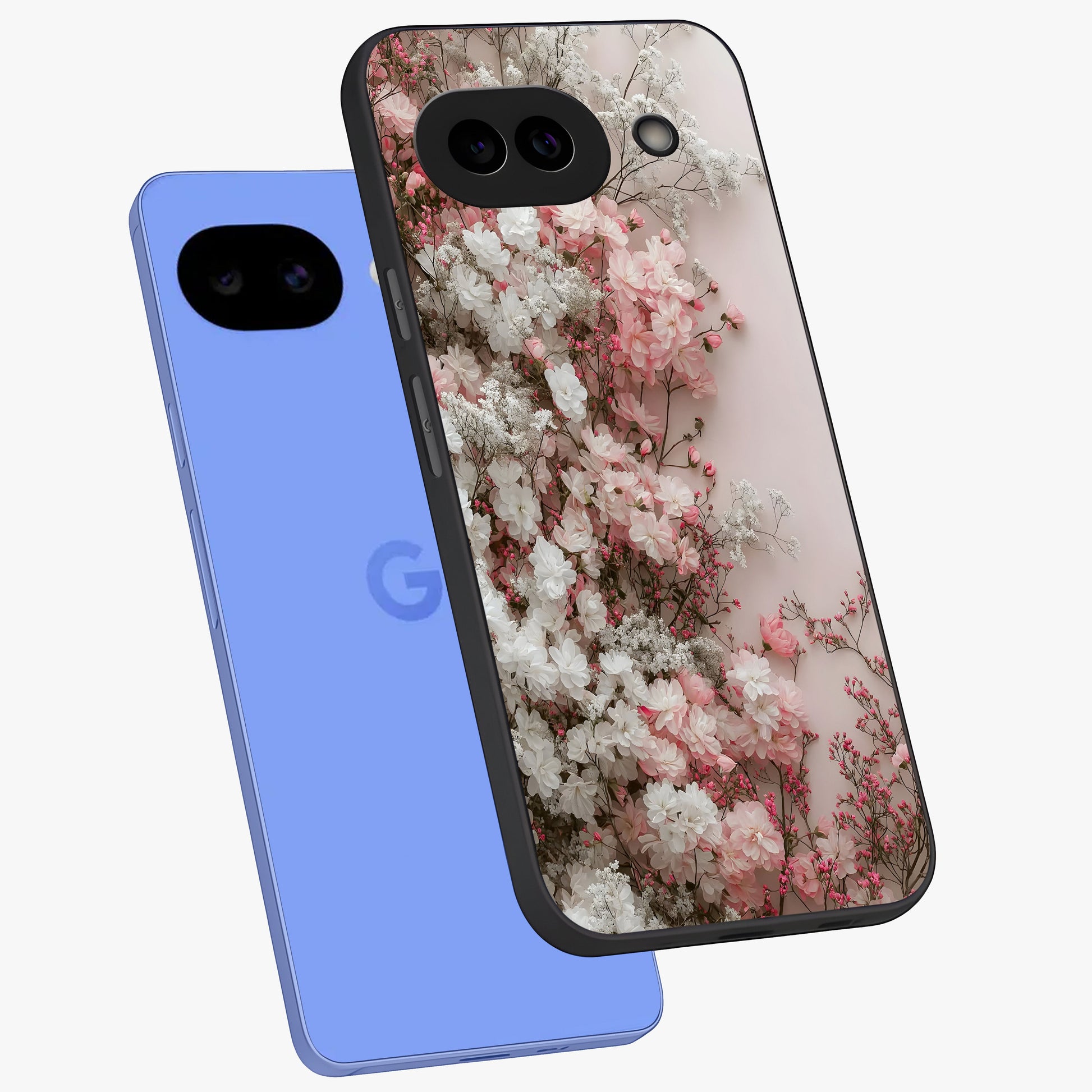 Blush Blossom Cloud Glass Case displayed in angled mockup highlighting soft cloud and blossom design with pastel aesthetic.