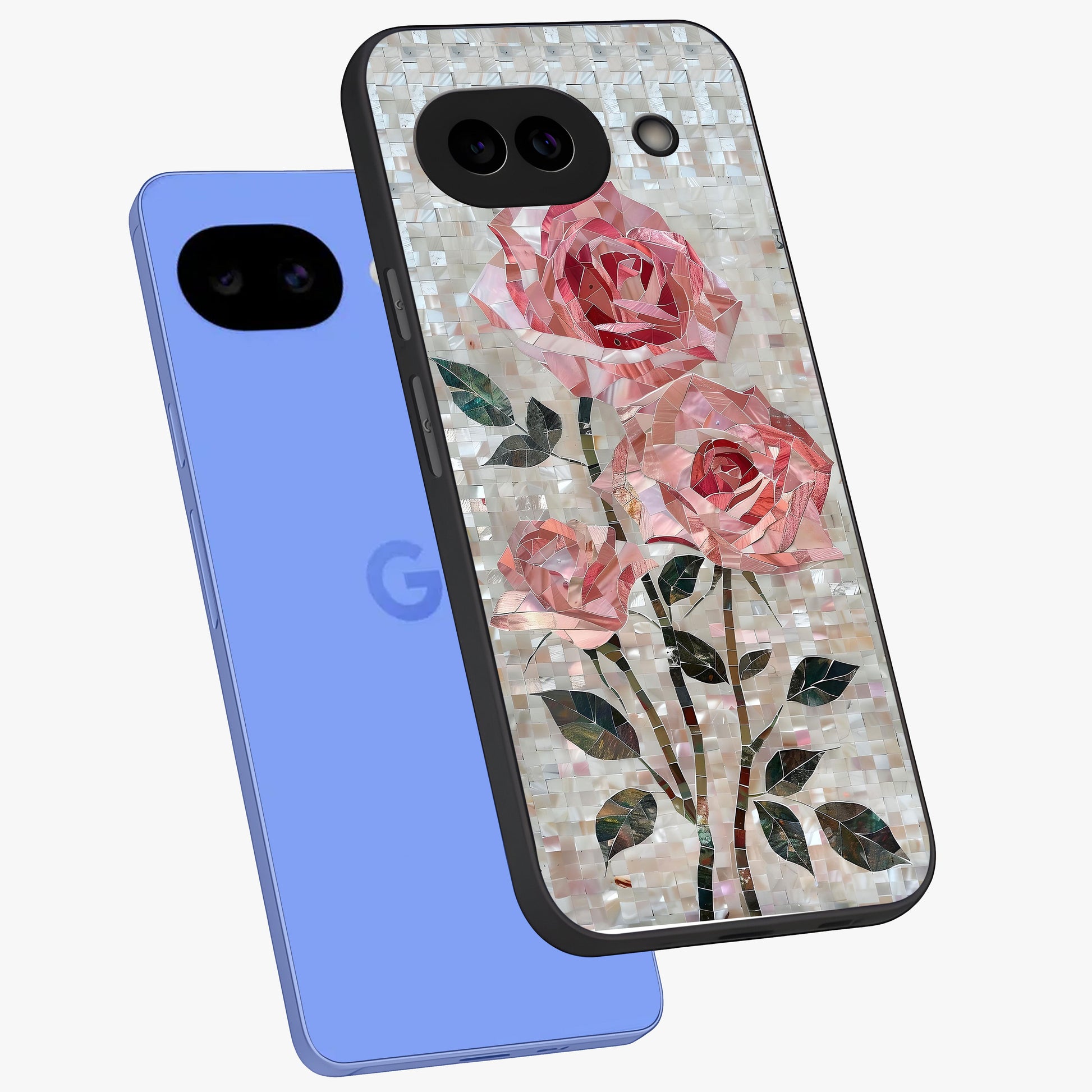 Blush Mosaic Bloom Glass Case displayed in angled mockup highlighting artistic mosaic flower pattern with aesthetic design.