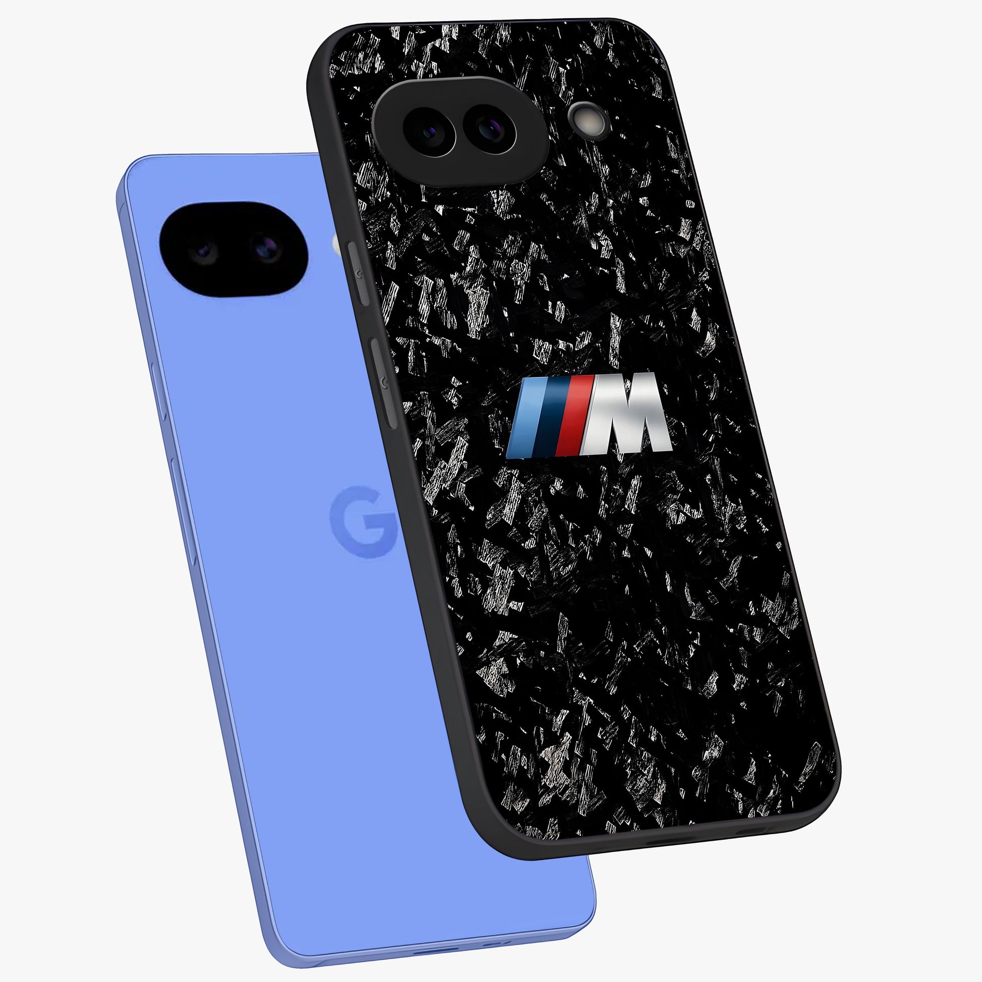 Carbon Speed Mark Glass Case displayed in angled mockup highlighting racing inspired carbon design and sleek aesthetic style.