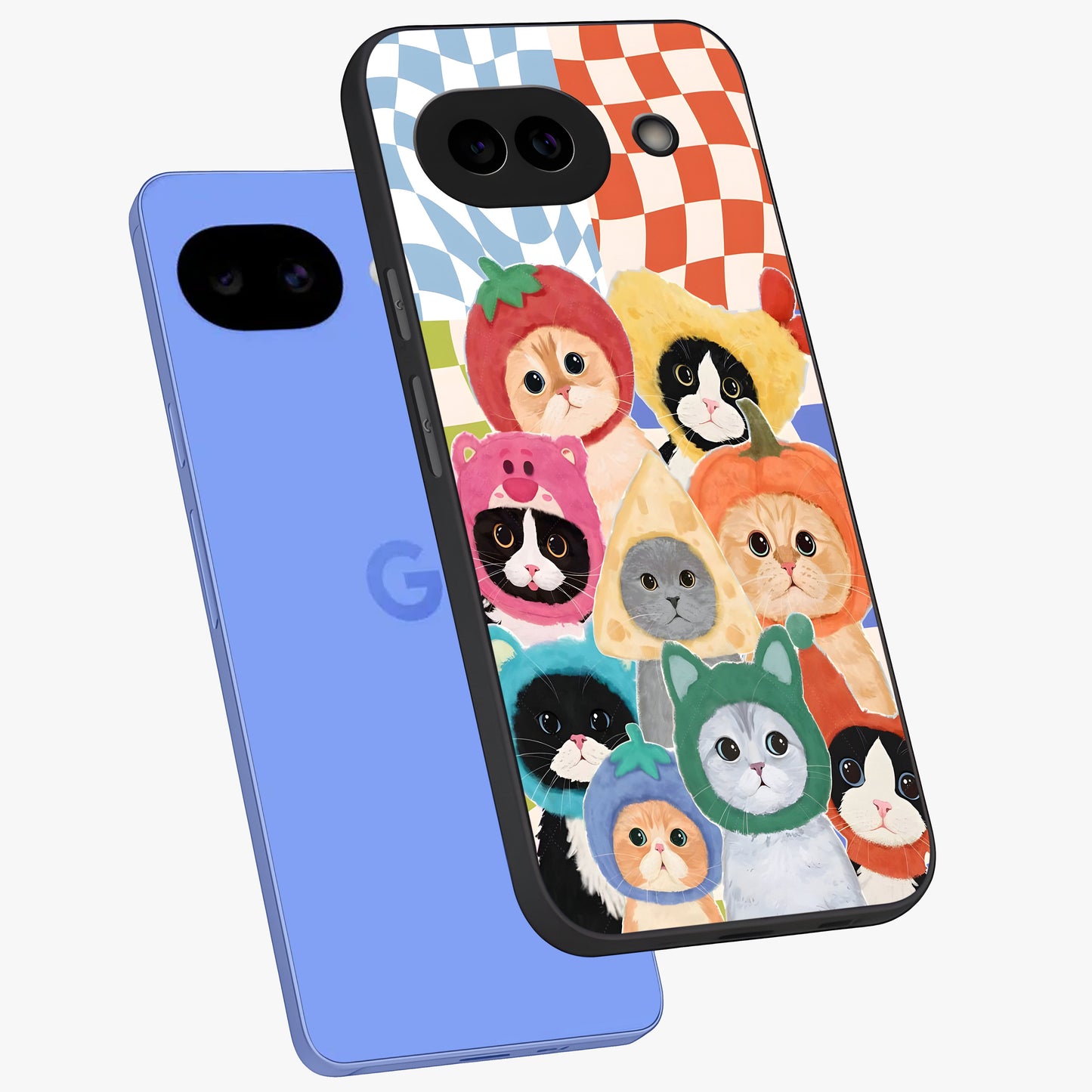 Cats in Fruits Glass Case displayed in angled mockup highlighting cute feline fruit design with colorful aesthetic style.
