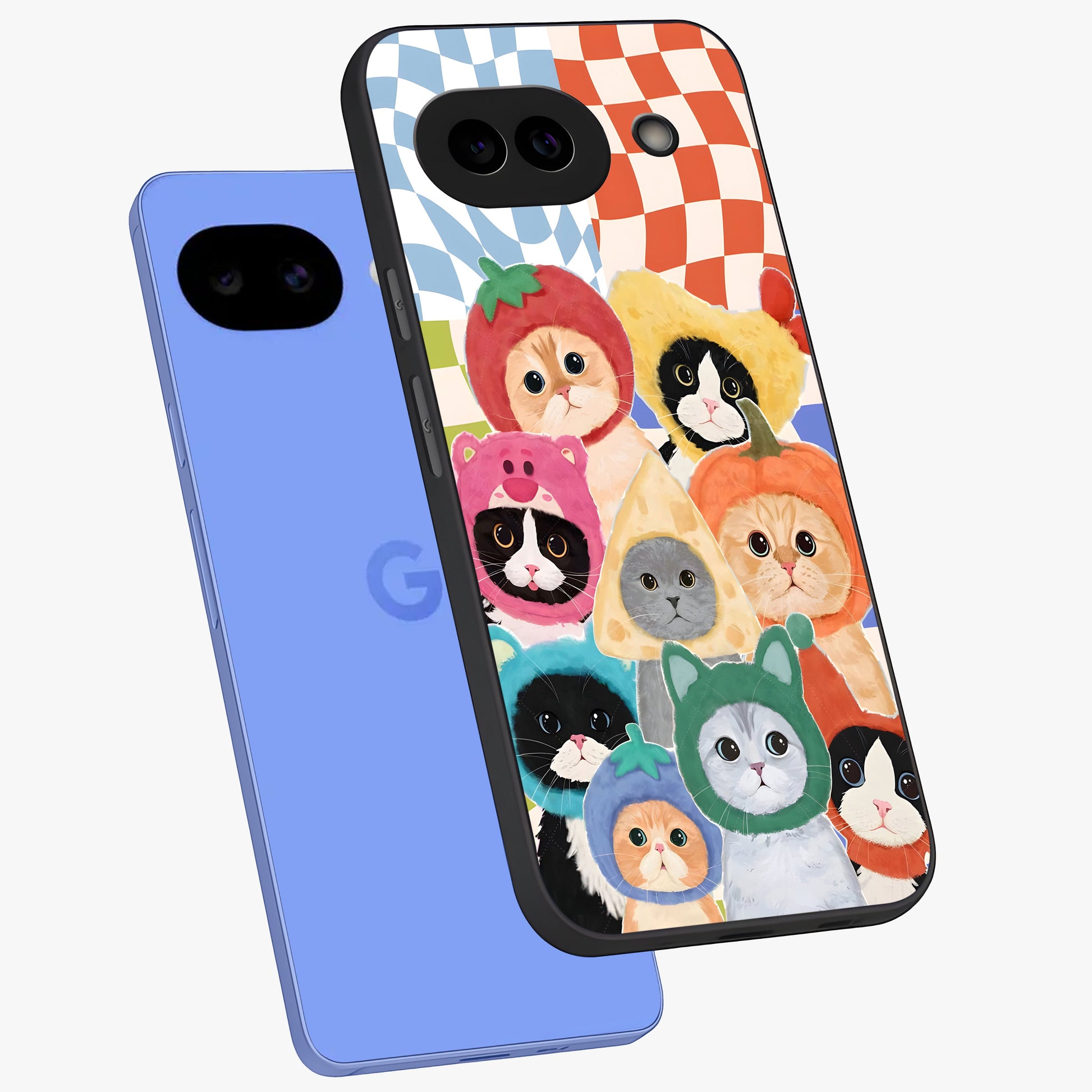 Cats in Fruits Glass Case displayed in angled mockup highlighting cute feline fruit design with colorful aesthetic style.