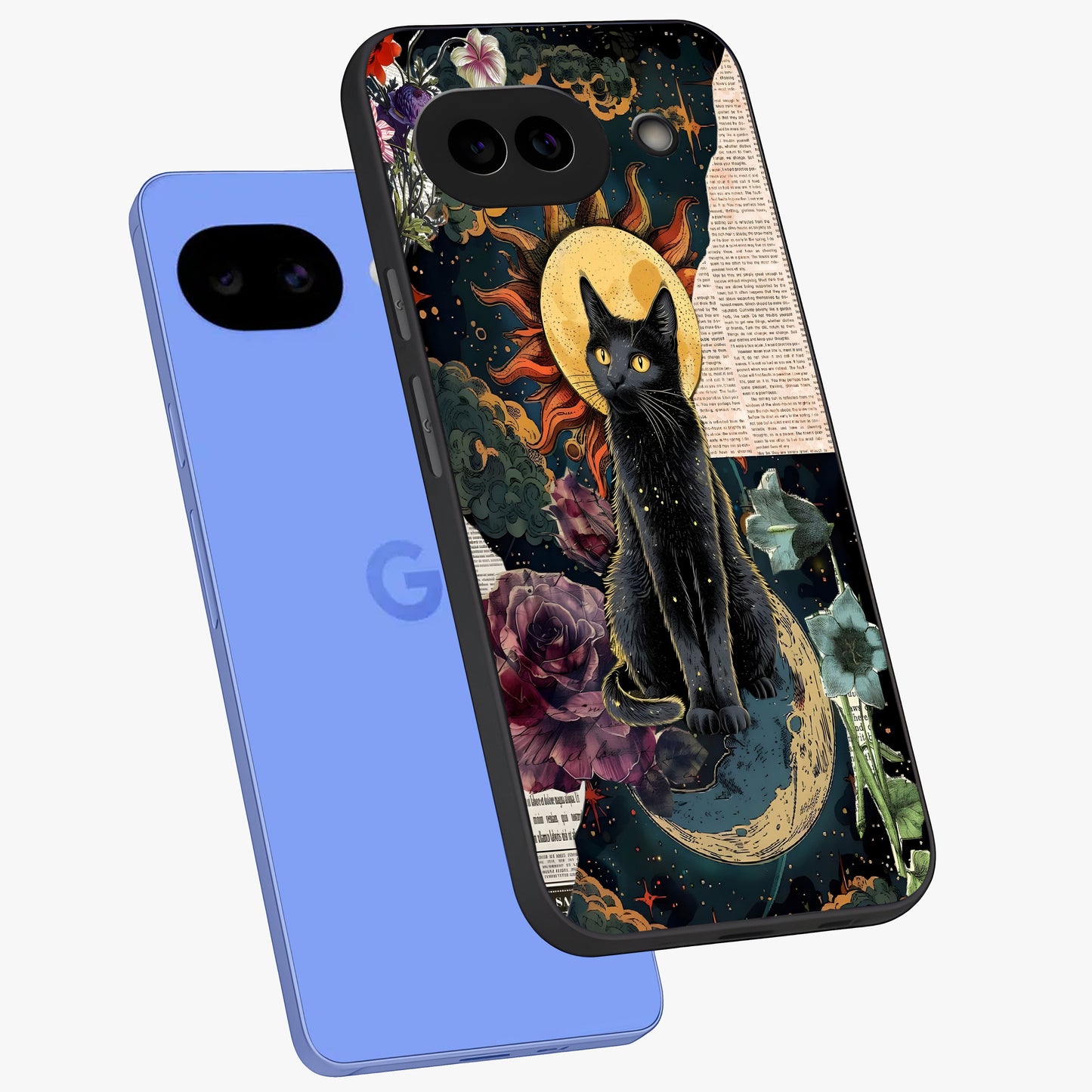 Celestial Black Cat Glass Case displayed in angled mockup highlighting cosmic black cat design with celestial aesthetic.