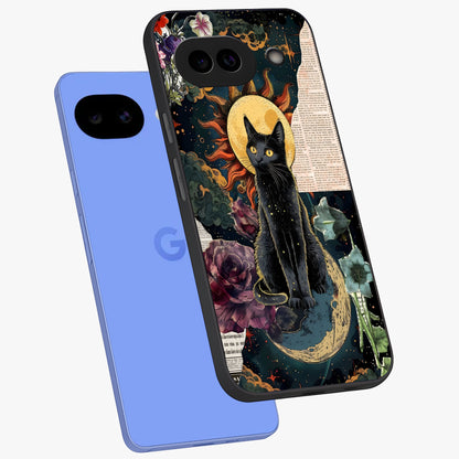 Celestial Black Cat Glass Case displayed in angled mockup highlighting cosmic black cat design with celestial aesthetic.