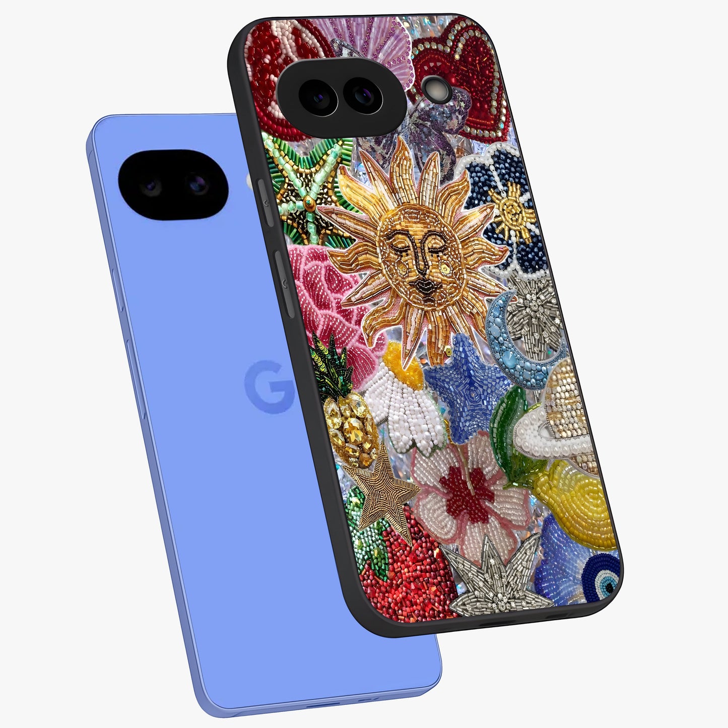 Celestial Floral and Playful Glass Case displayed in angled mockup highlighting playful floral design with dreamy celestial elements.