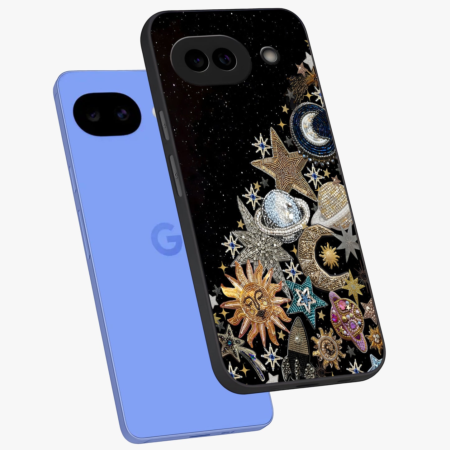 Cosmic Sparkle Dreams Glass Case displayed in angled mockup highlighting dreamy star sparkle design with celestial aesthetic.