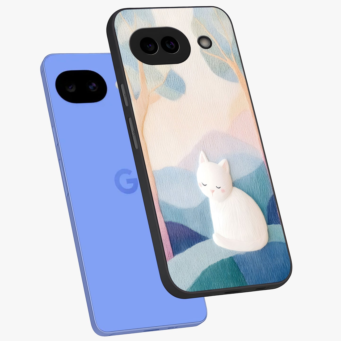 Cotton Dream Cat Glass Case displayed in angled mockup highlighting cute feline illustration with pastel aesthetic style.