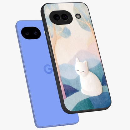 Cotton Dream Cat Glass Case displayed in angled mockup highlighting cute feline illustration with pastel aesthetic style.