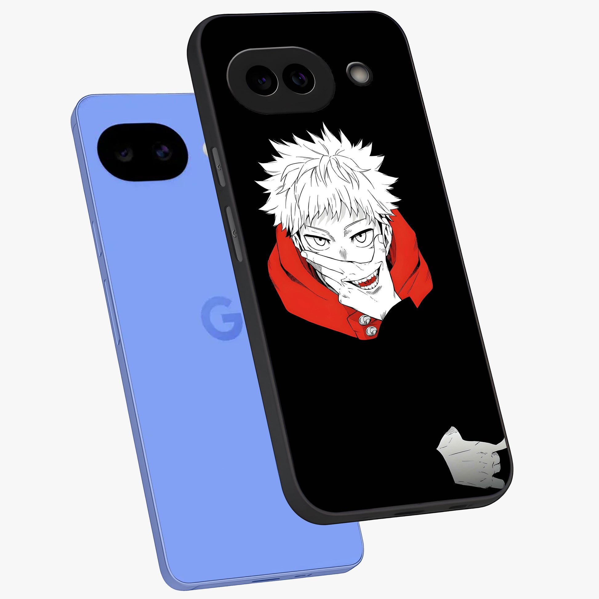 Crimson Chaos Smile Glass Case displayed in angled mockup highlighting edgy crimson smile design with graphic aesthetic.