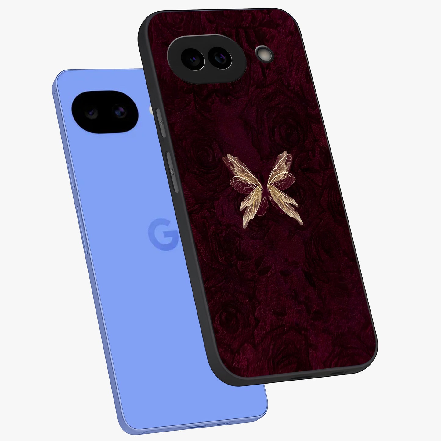 Crimson Fade Butterfly Glass Case displayed in angled mockup highlighting elegant butterfly design with crimson gradient aesthetic.
