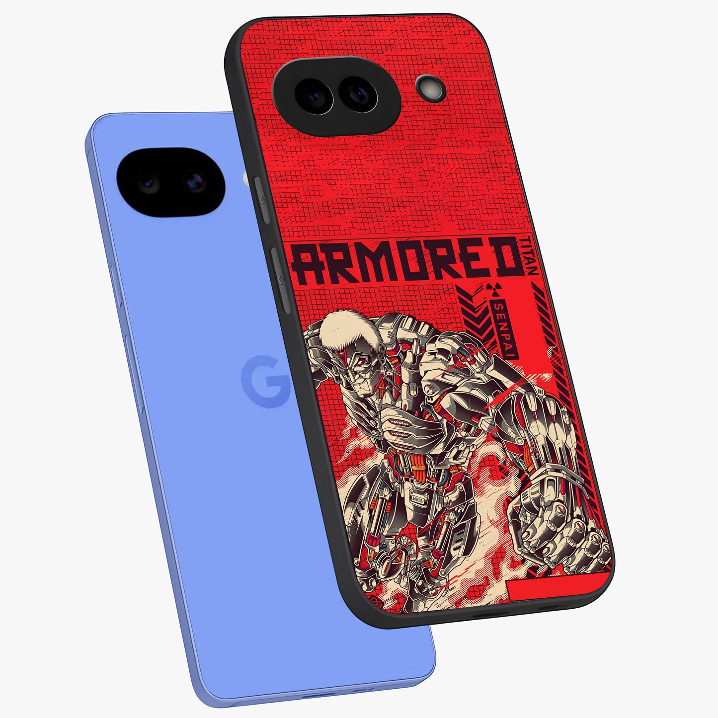 Crimson Mecha Titan Glass Case displayed in angled mockup highlighting futuristic mech illustration with bold crimson aesthetic.