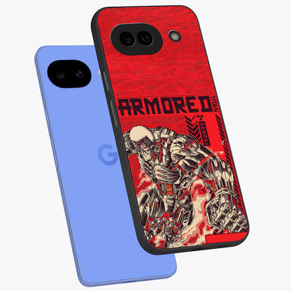 Crimson Mecha Titan Glass Case displayed in angled mockup highlighting futuristic mech illustration with bold crimson aesthetic.