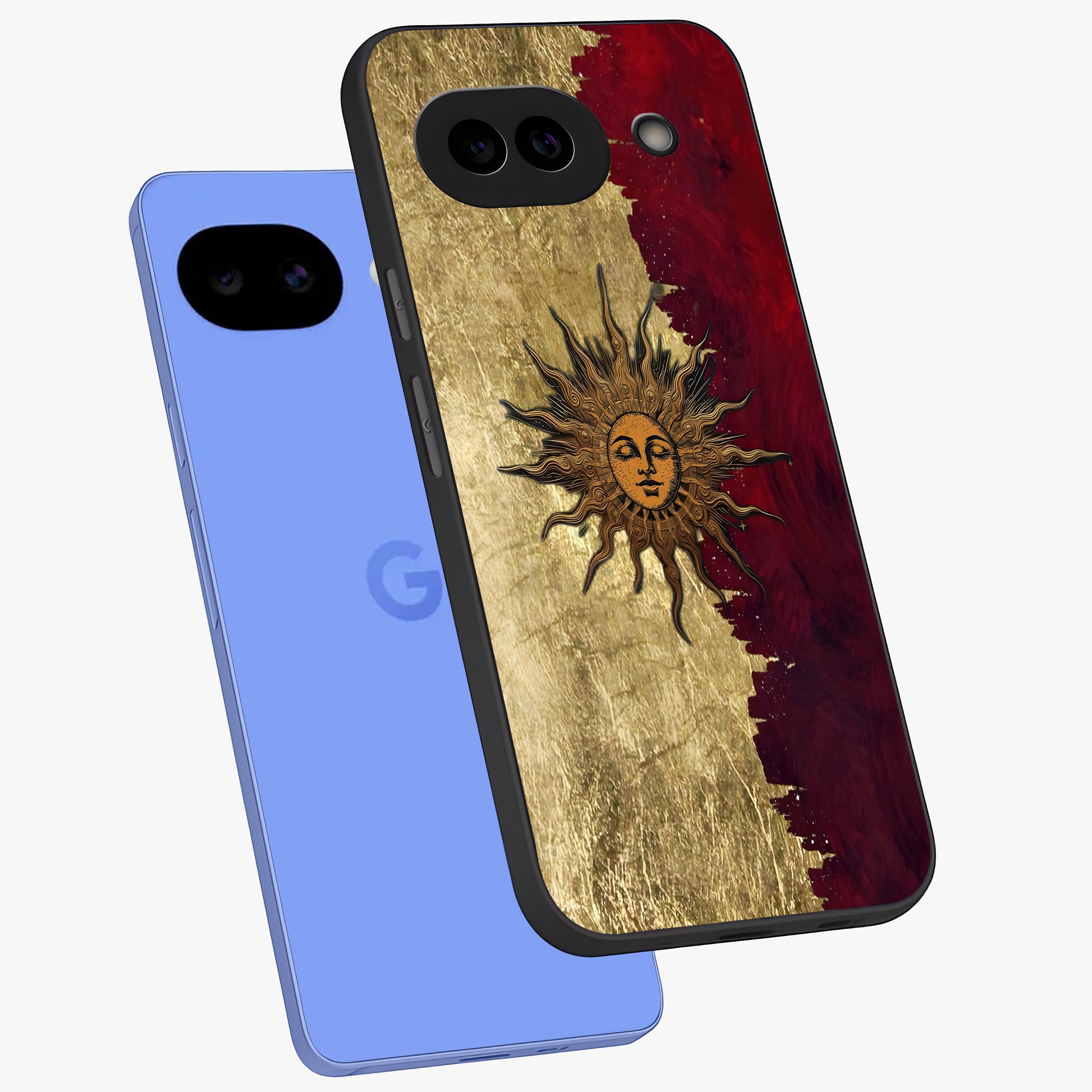 Crimson Sun Majesty Glass Case displayed in angled mockup highlighting majestic crimson sun design with bold aesthetic style.