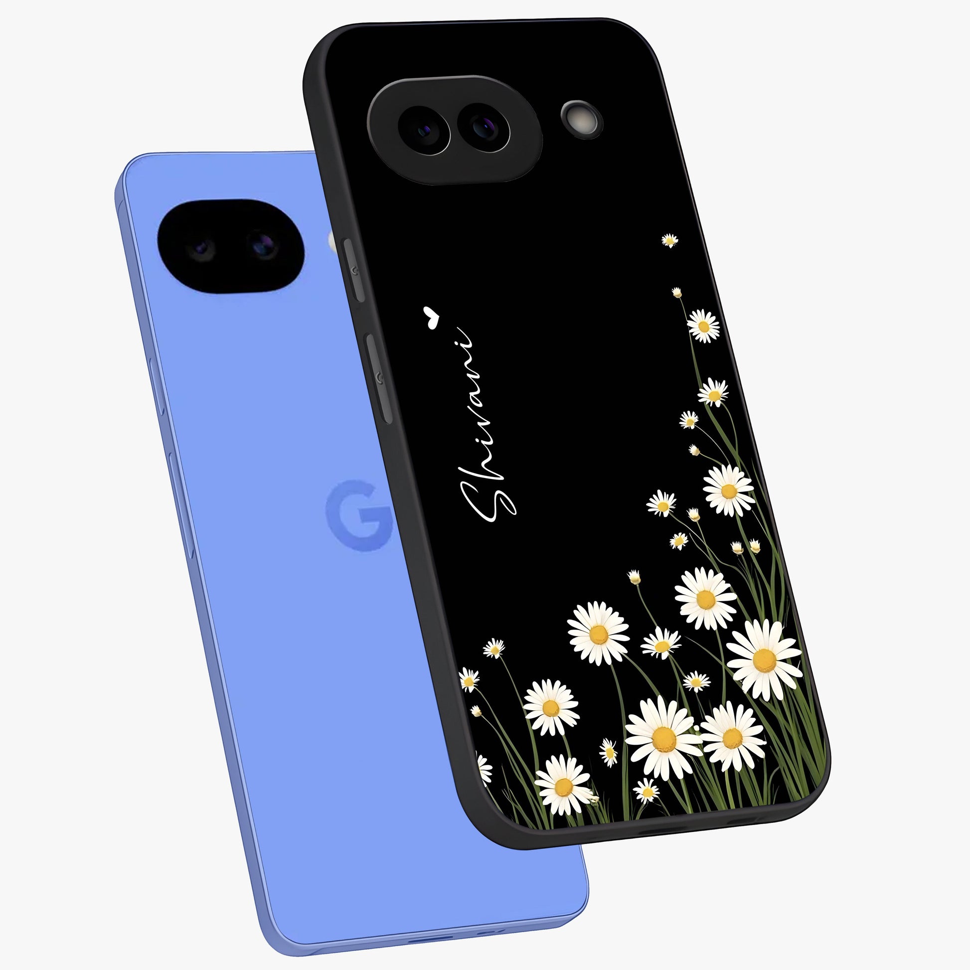 Daisy Cascade Custom Name Glass Case displayed in angled mockup highlighting delicate daisy artwork with custom name feature.