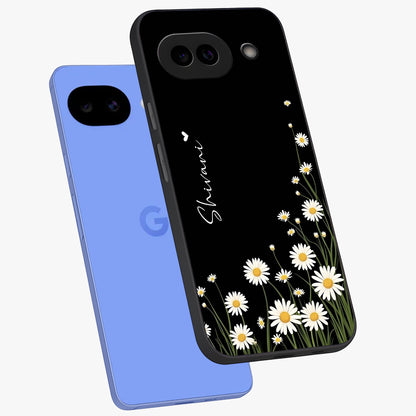 Daisy Cascade Custom Name Glass Case displayed in angled mockup highlighting delicate daisy artwork with custom name feature.